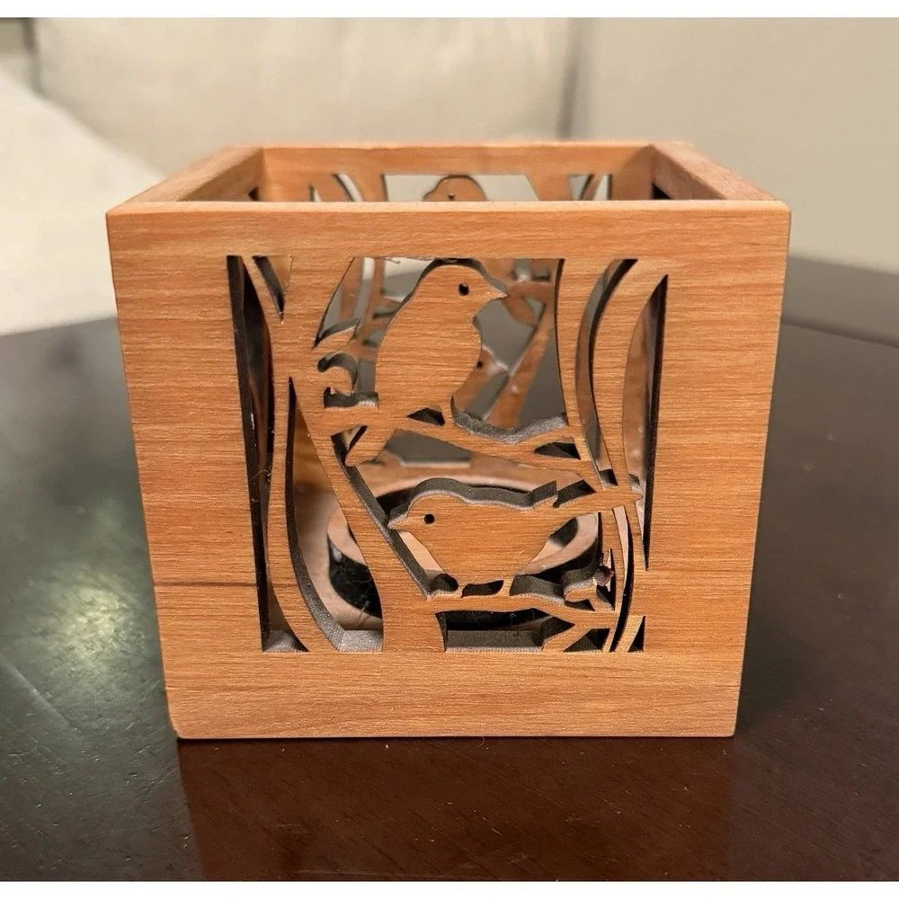Carved Alder Wood Cube Tea Light Holder Birds, Hearts Made by Almeda in Czech 4